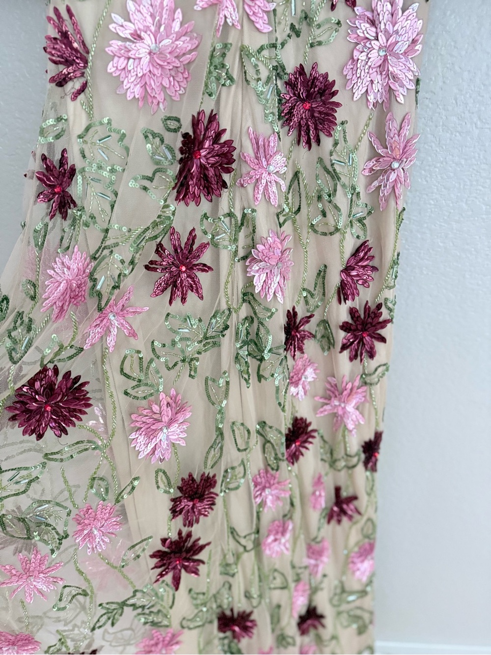 Mac Duggal Beige Maxi Dress with Pink & Burgundy Floral Embroidery - Picture 6 of 10